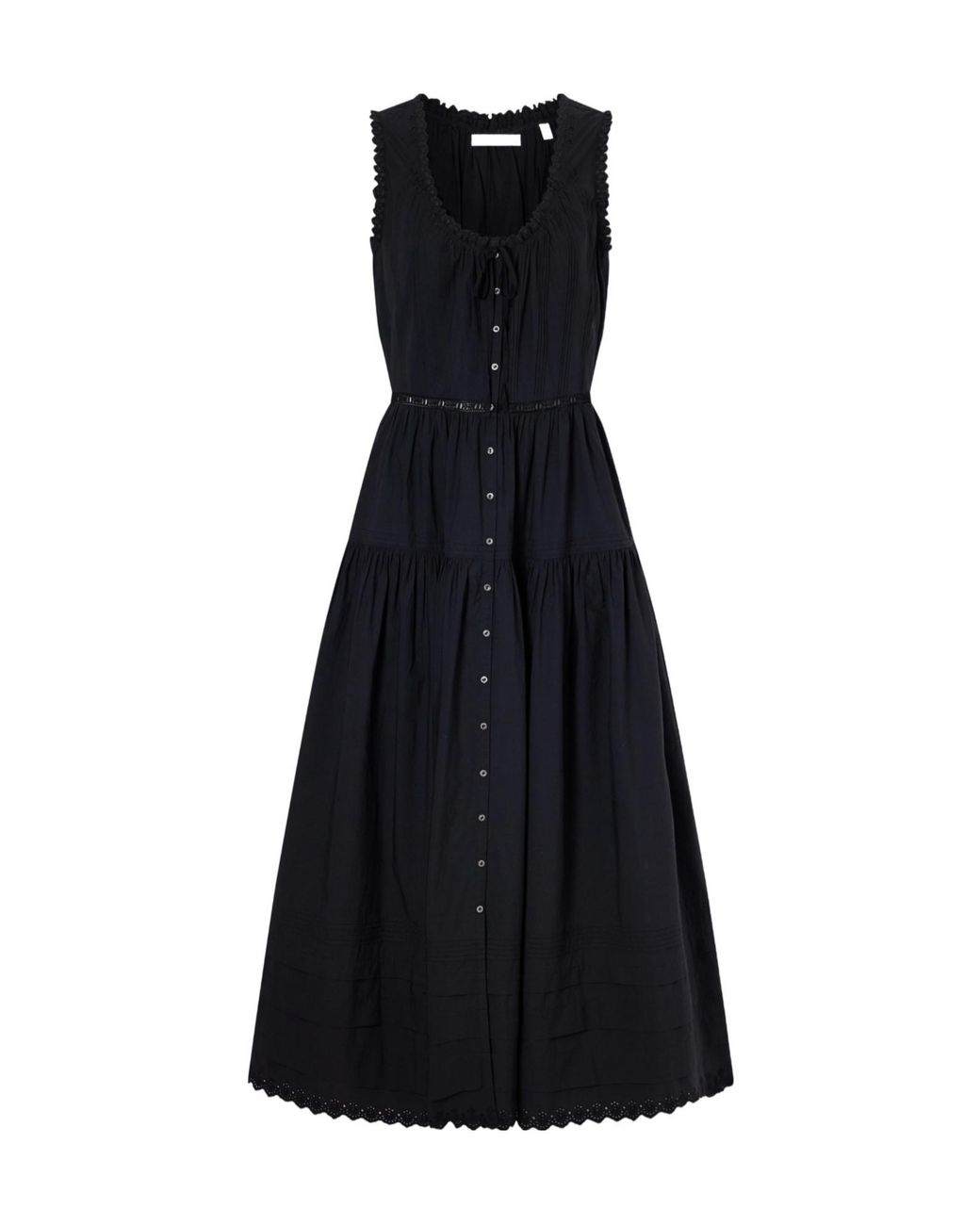 Doen Black Pintucked Embroidered Organic Cotton Midi Dress