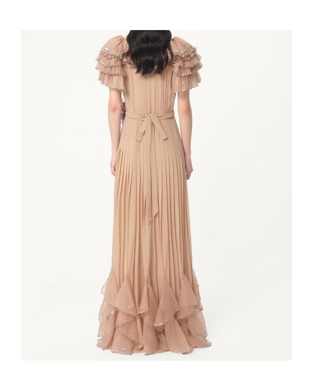 Valentino Natural Floral Embellished Ruffled V-Neck Dress