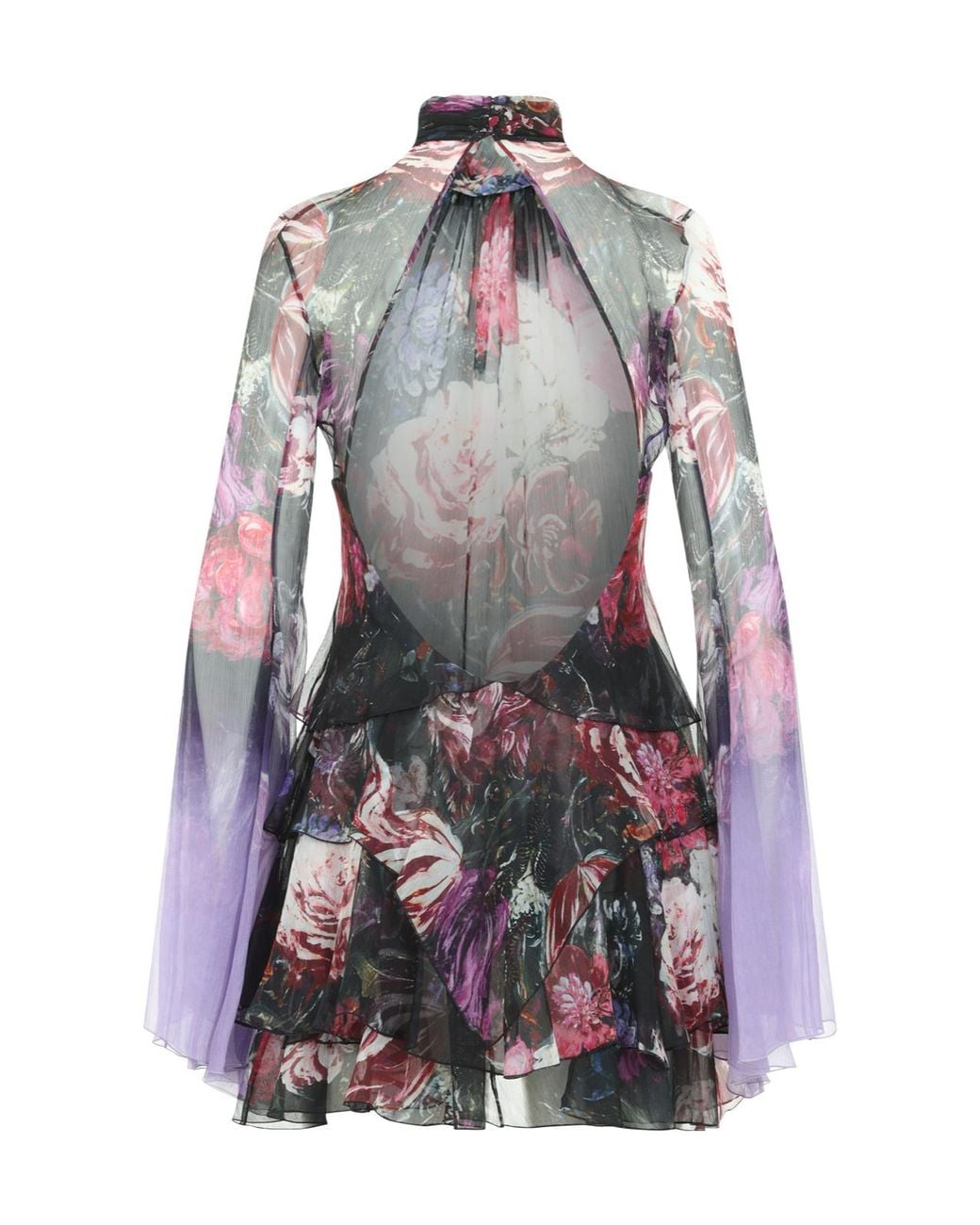 Roberto Cavalli Gray Sheer Floral Ruffled Mini Dress