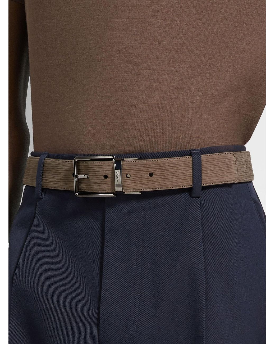 Zegna Brown Leather Textured-Buckle Belt for men