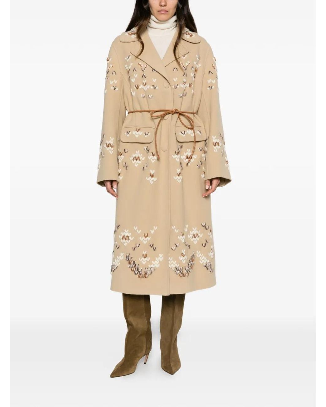 Ermanno Scervino Natural Embroidered Belted Coat