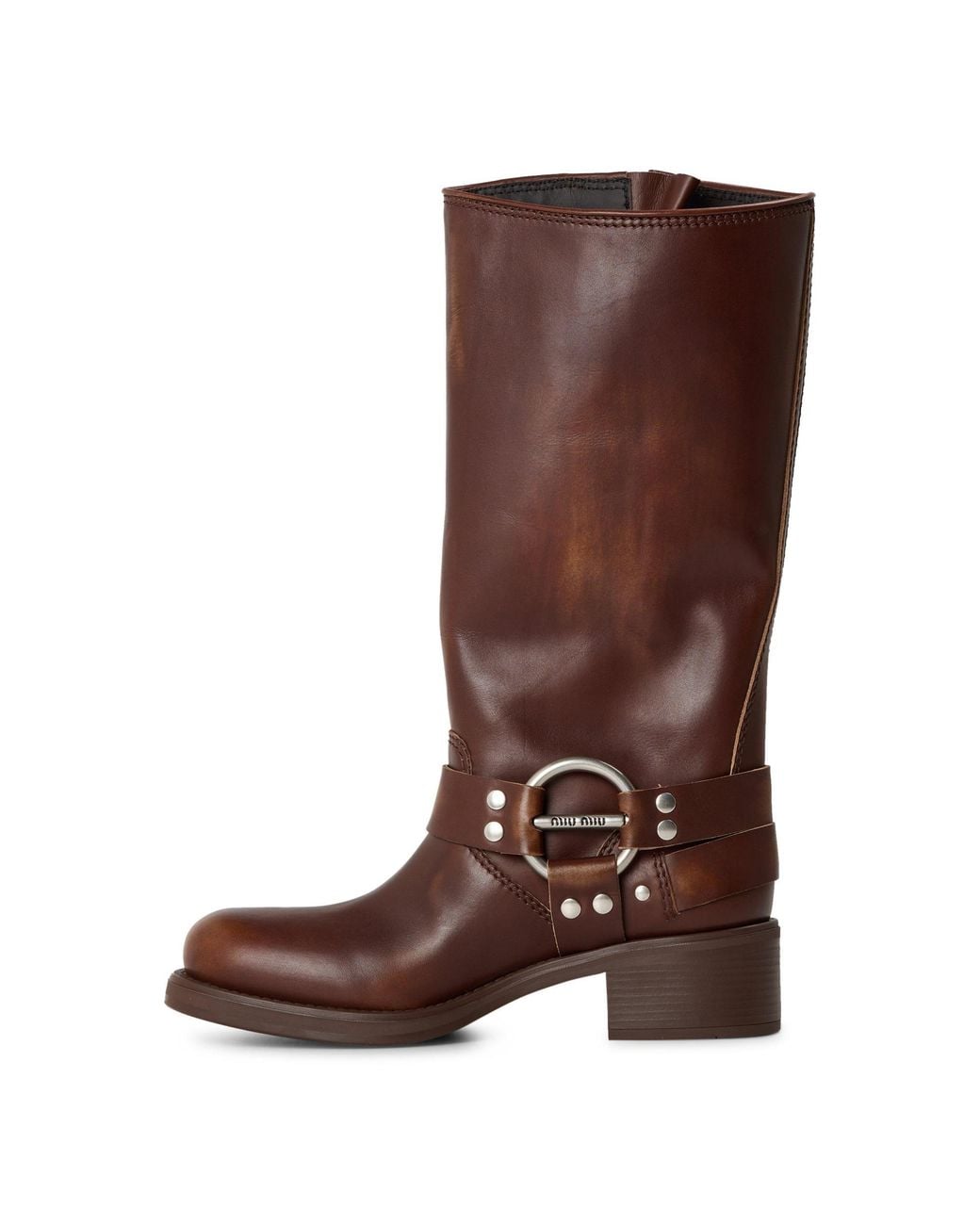 Miu Miu Brown Leather Mid-Calf Biker Boot Decorated