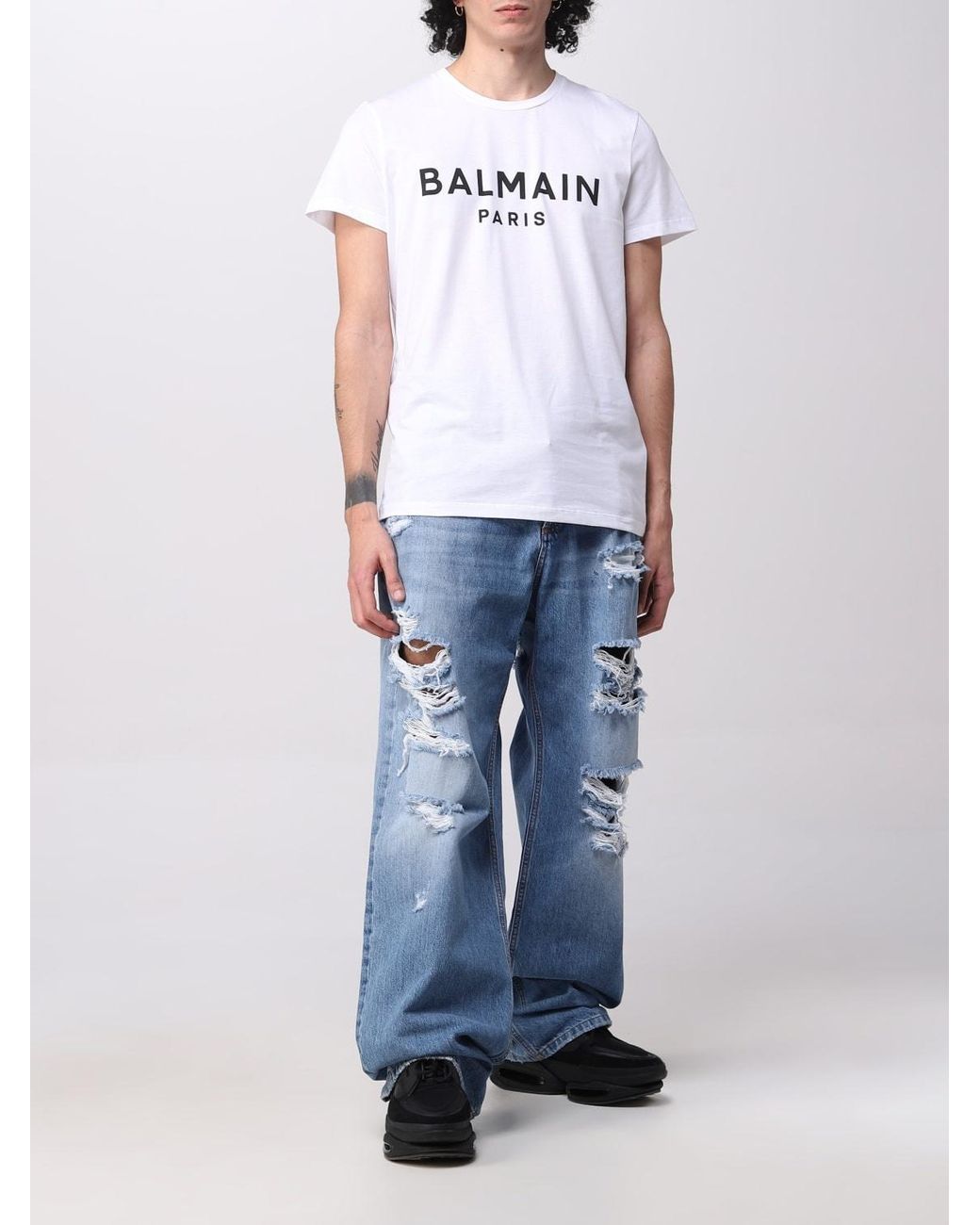 Balmain White Logo Printed Crewneck T-Shirt for men