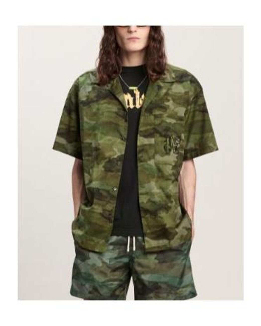 Palm Angels Green Camouflage Printed Short Sleeved Shirt for men