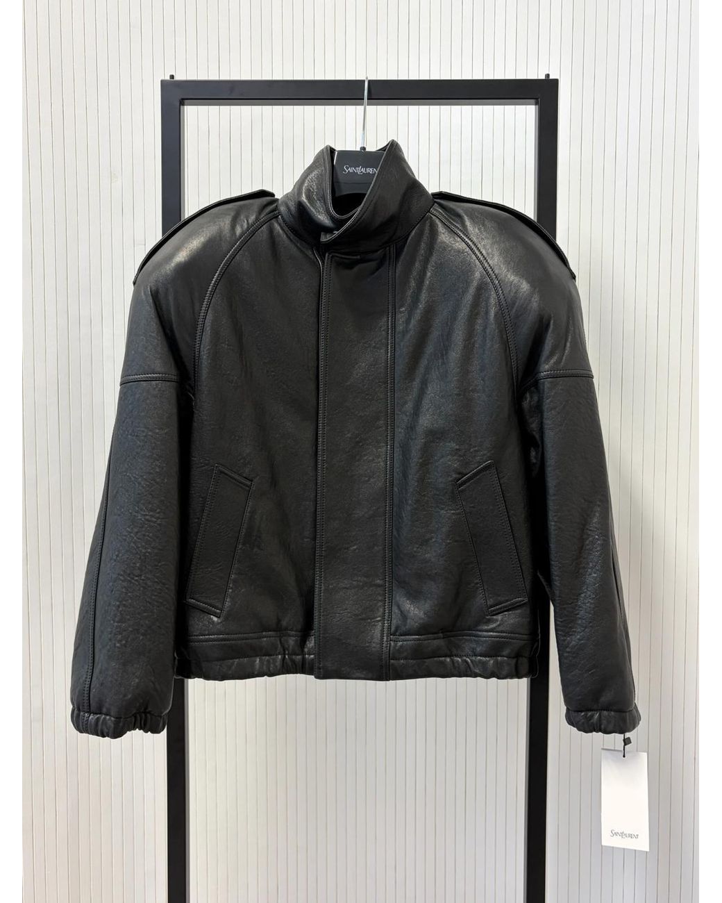 Saint Laurent Black Oversized Leather Jacket With High Collar
