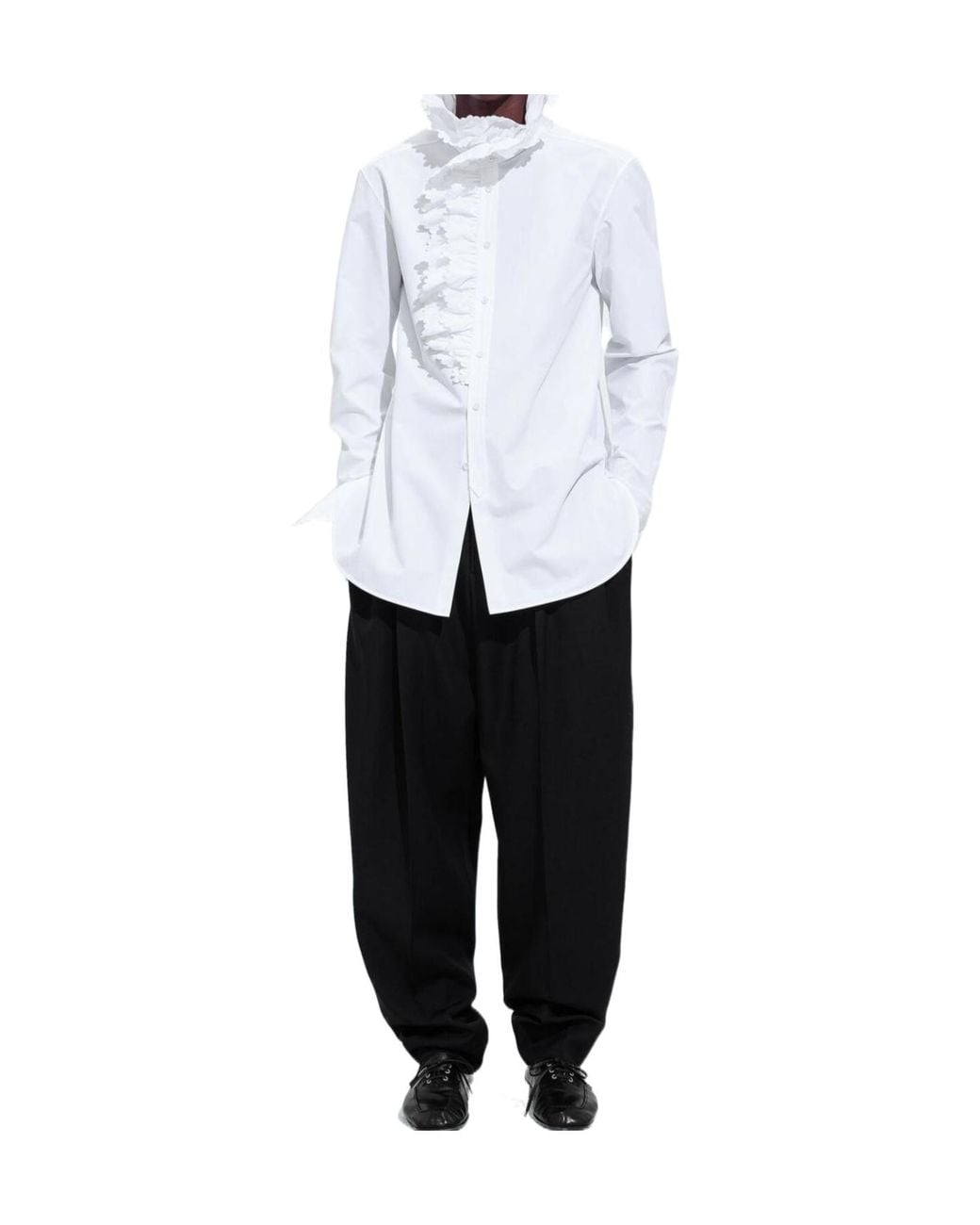 Bottega Veneta White Embroidered Ruffle Collar Shirt for men