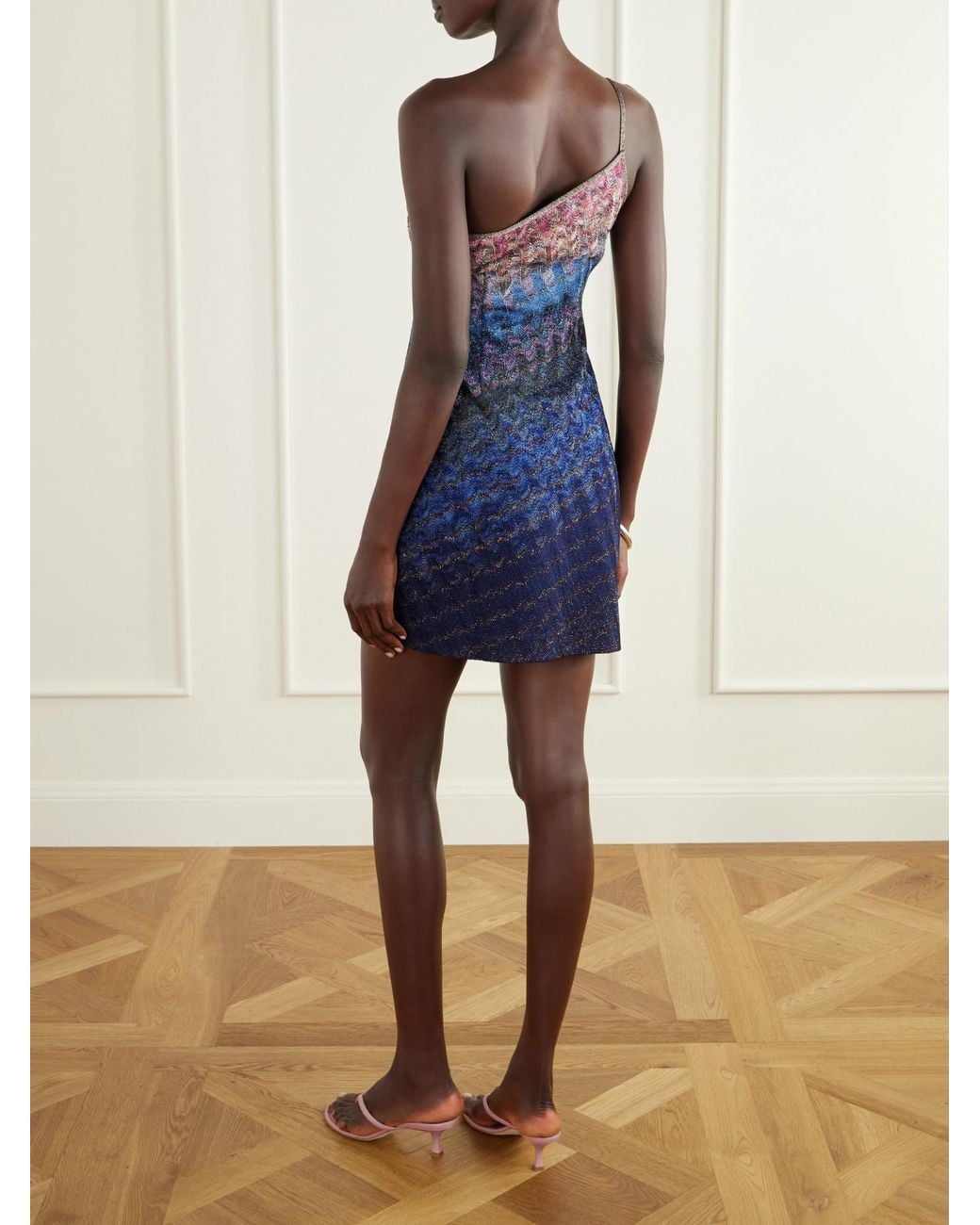 Missoni Blue One-Shoulder Metallic Crochet-Knit Mini Dress