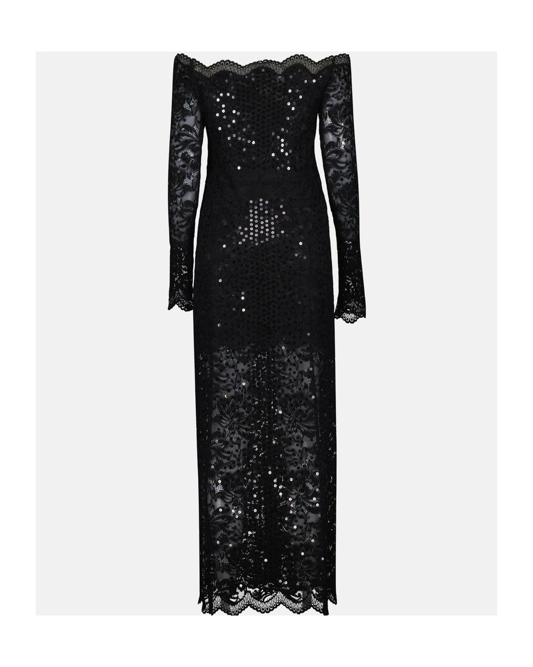 Rabanne Black Sequin-Embroidered Lace Long Dress