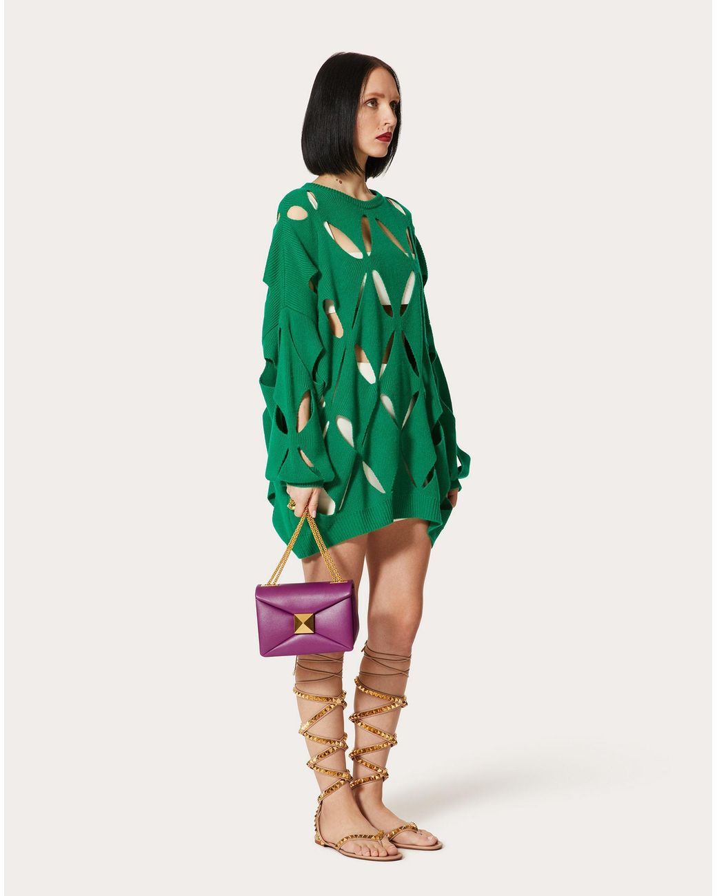 Valentino Green Hollowed-Out Diamond Embroidered Knitted Pullover
