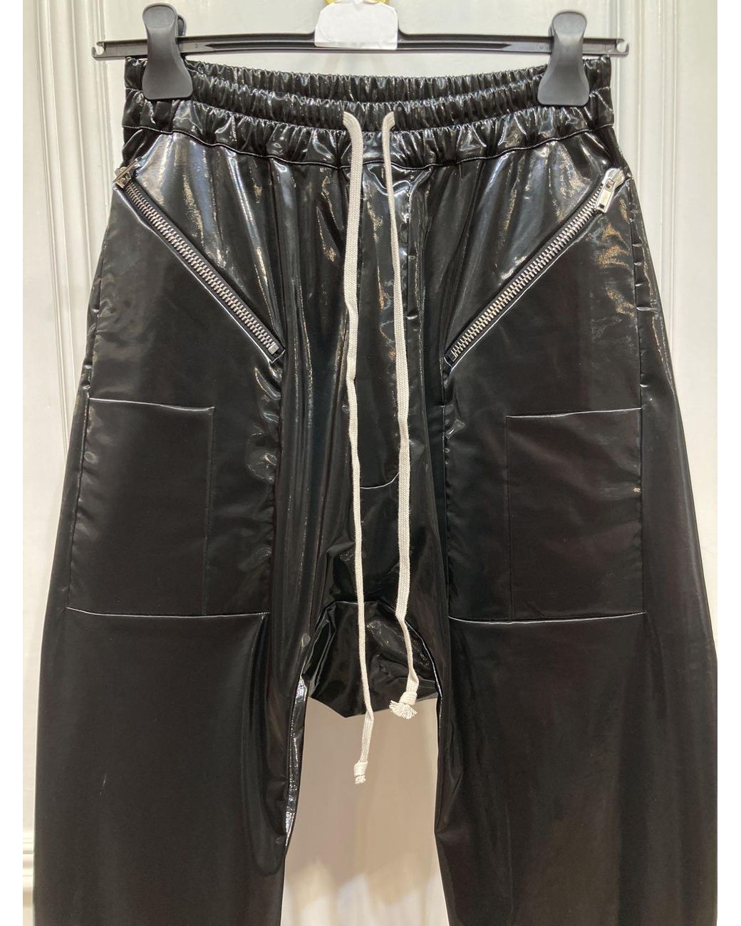 Rick Owens Black Glossy-Finish Drop-Crotch Trousers for men