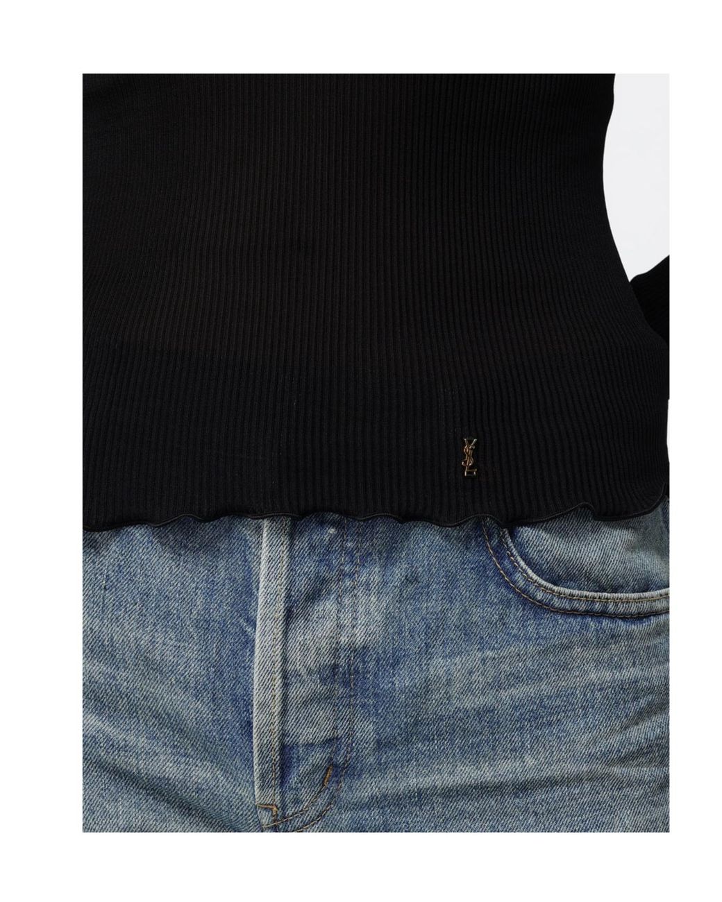 Saint Laurent Black Cassandre V-Neck Ribbed Top