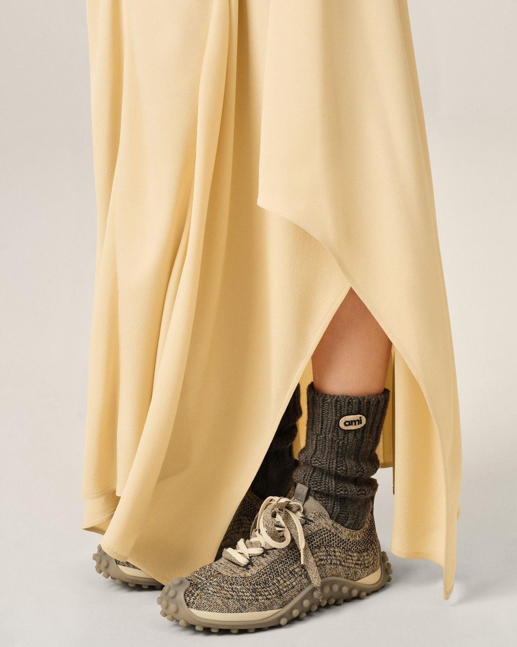 AMI Natural Maxi Flared Blended Silk Skirt