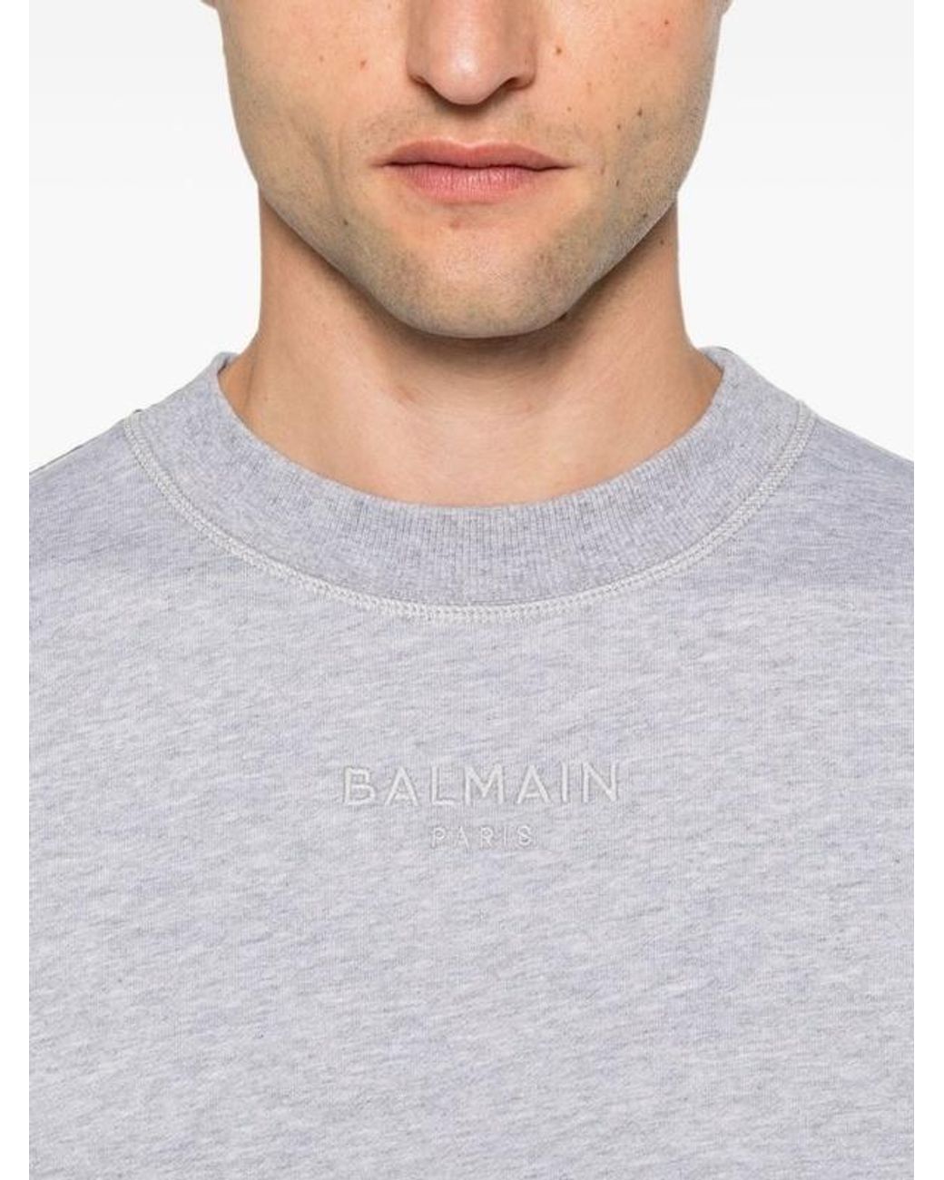 Balmain Gray Embroidered Logo Crewneck Sweatshirt for men