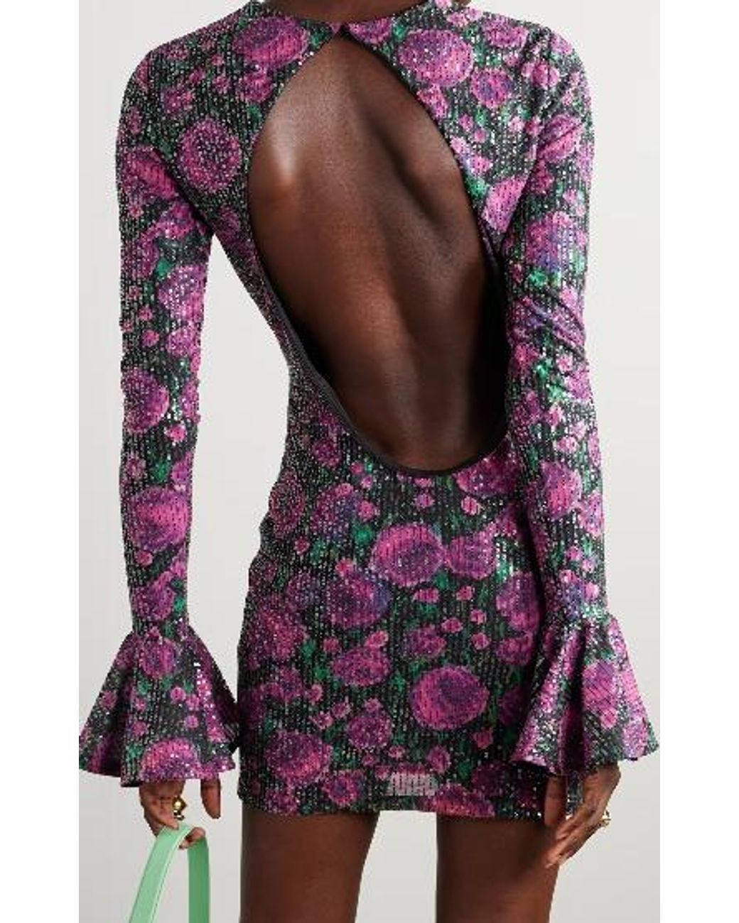 ROTATE BIRGER CHRISTENSEN Purple Backless Sequined Printed Dress