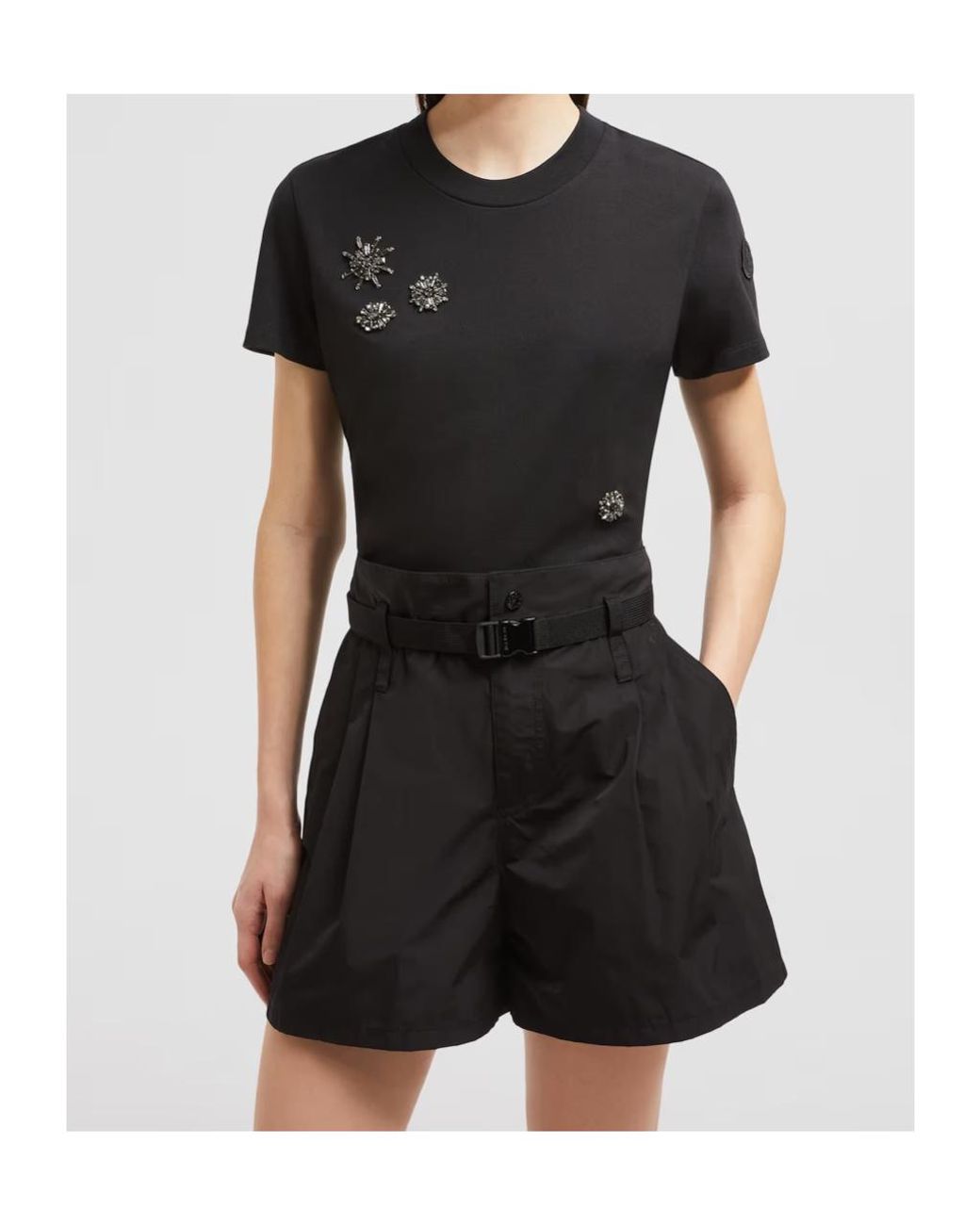 Moncler Black Crystal Flowers Cotton T-Shirt