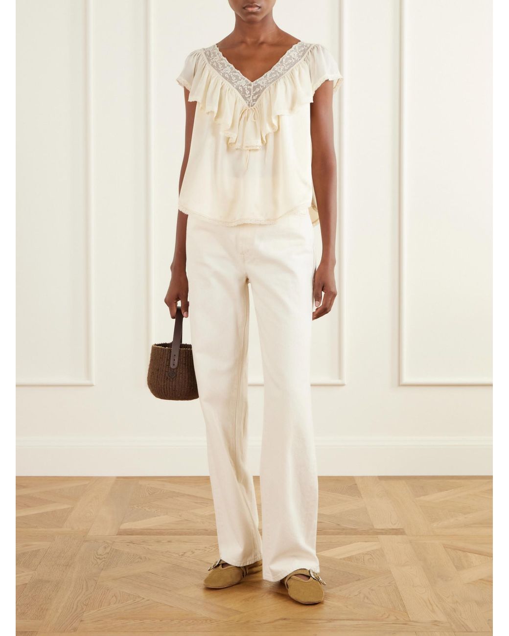 Doen White Ruffled Lace-Trimmed Silk Blouse