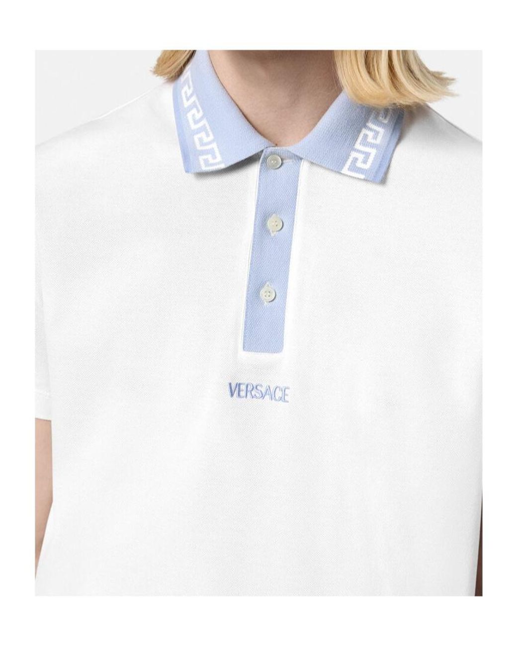 Versace White Greca-Collar Short-Sleeved Polo Shirt for men