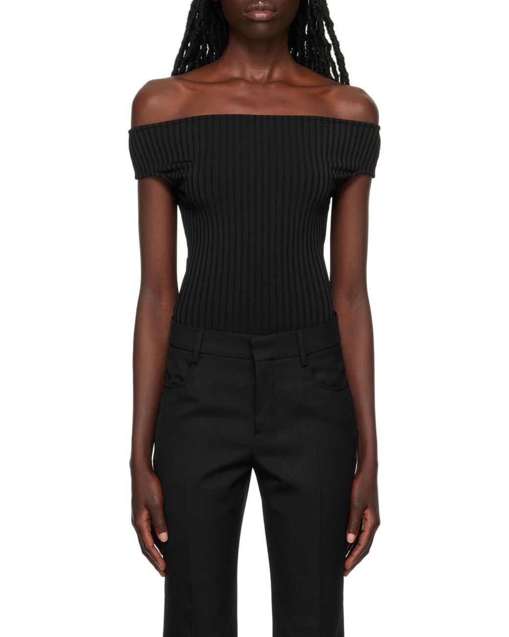 AMI Black Ami Off-Shoulder Ribbed Knit Bodysuit
