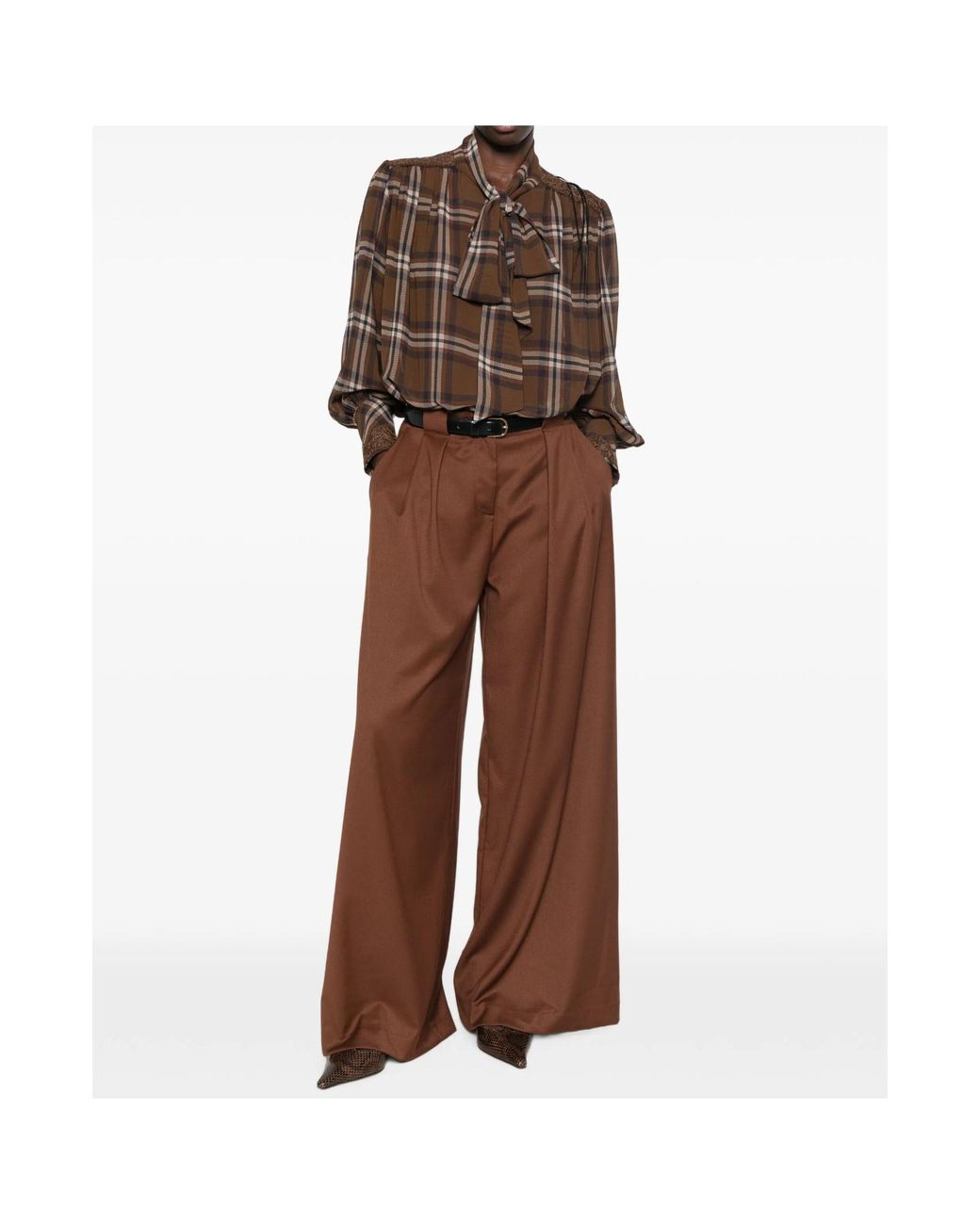 ERMANNO FIRENZE Brown Pleated Wide-Leg Casual Trousers
