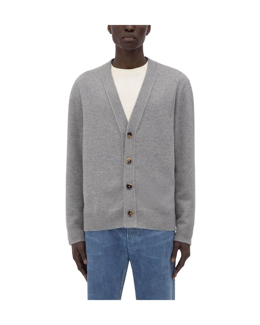 Bottega Veneta Gray Intrecciato Leather Patch Embellished Cardigan for men
