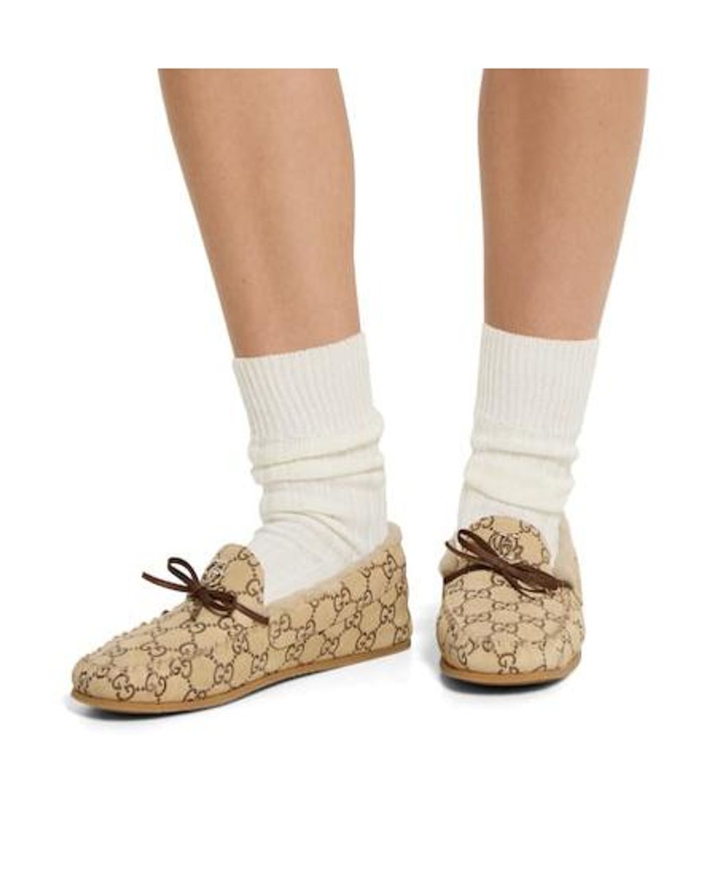 Gucci Natural Driver Loafer With Merino Wool Lining, Size 34 It