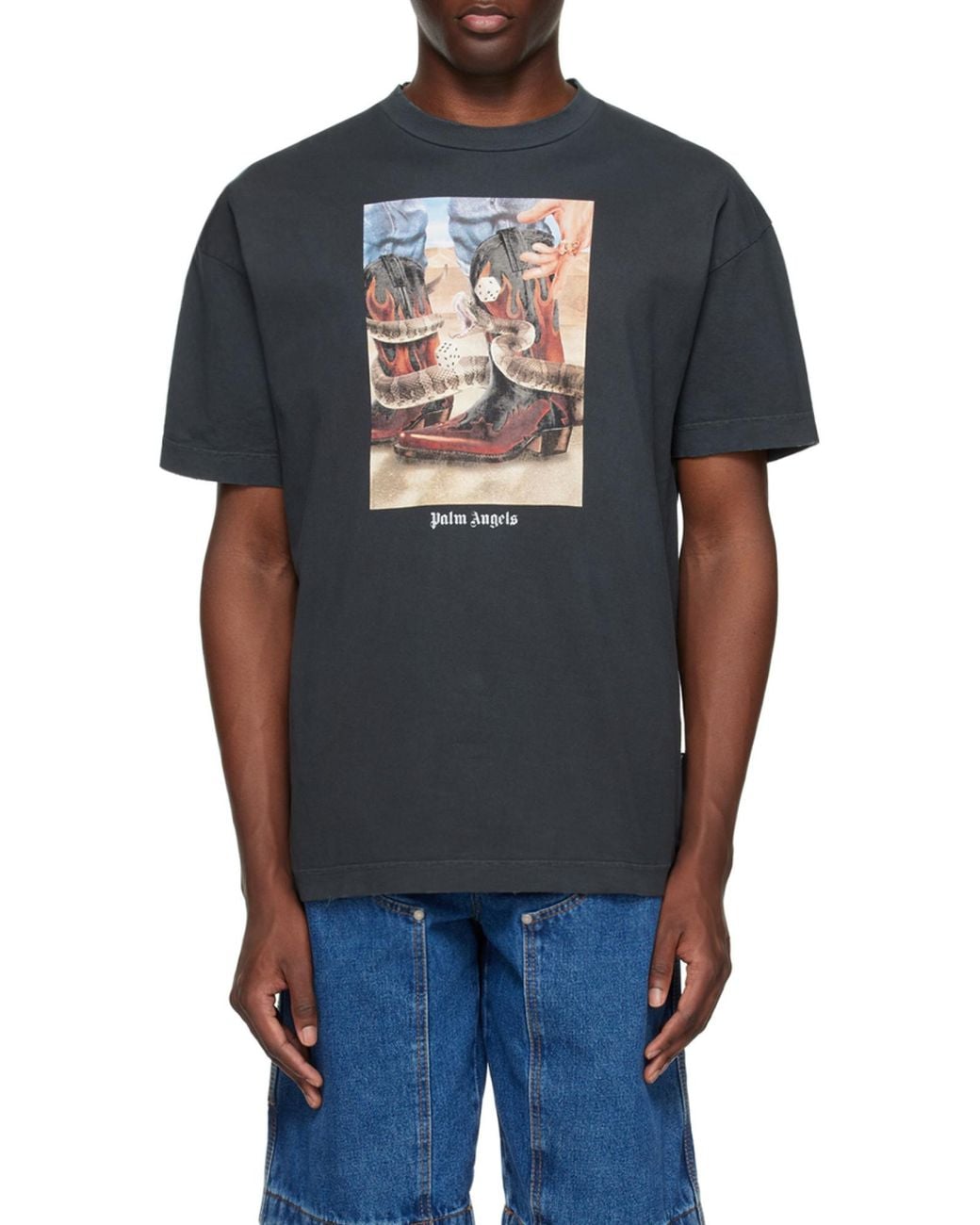 Palm Angels Black T-Shirt With Western Print for men
