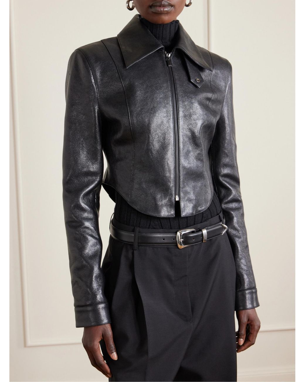 Magda Butrym Black Curved Hem Leather Jacket