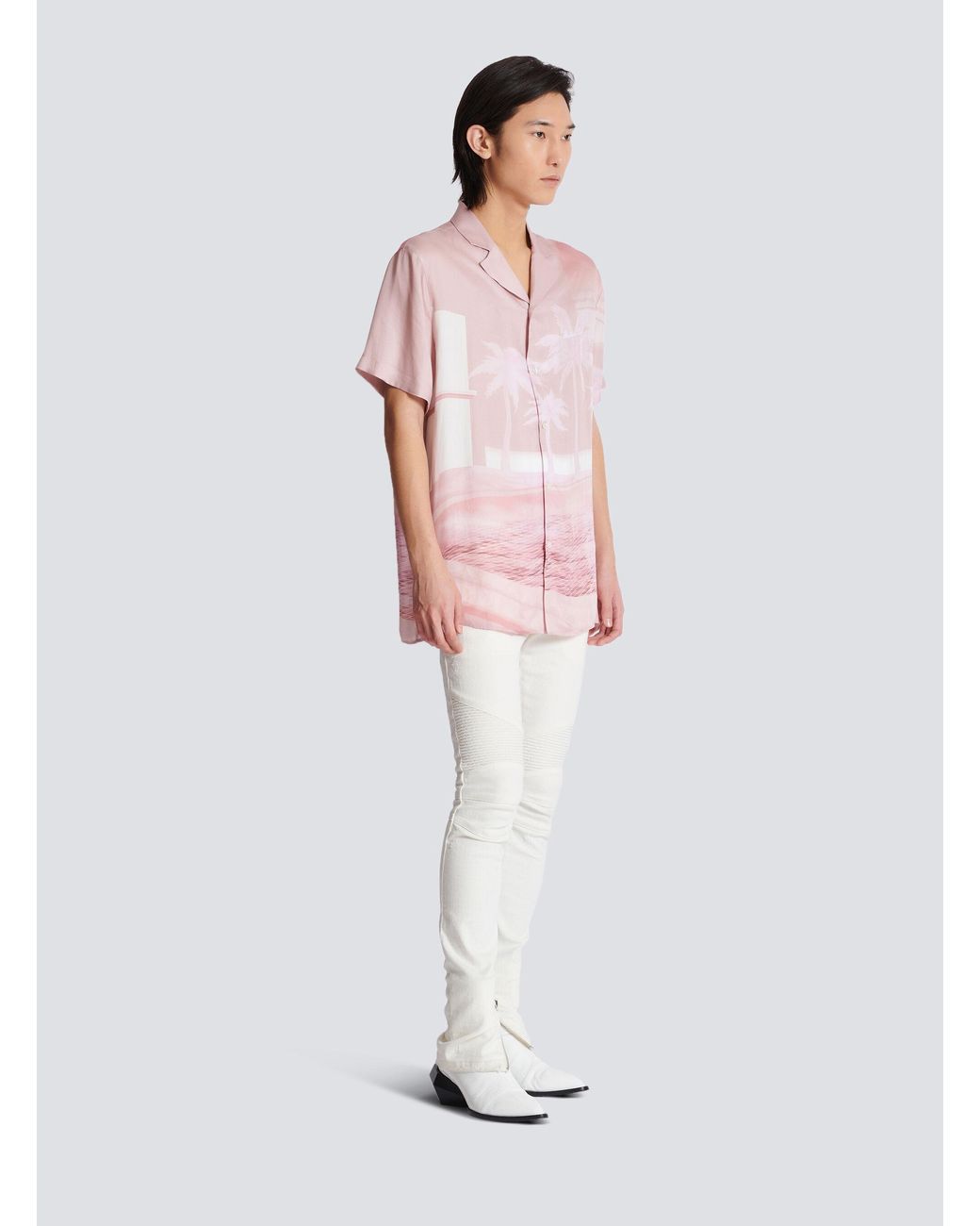 Balmain Pink Twill Palm Tree Print Shirt for men