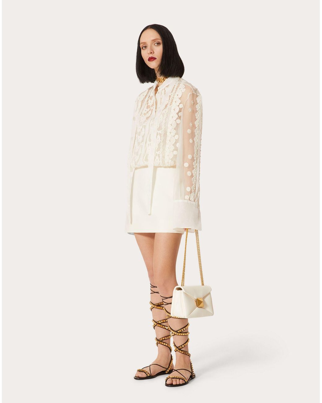 Valentino White Floral-Embroidered Long-Sleeve Dress