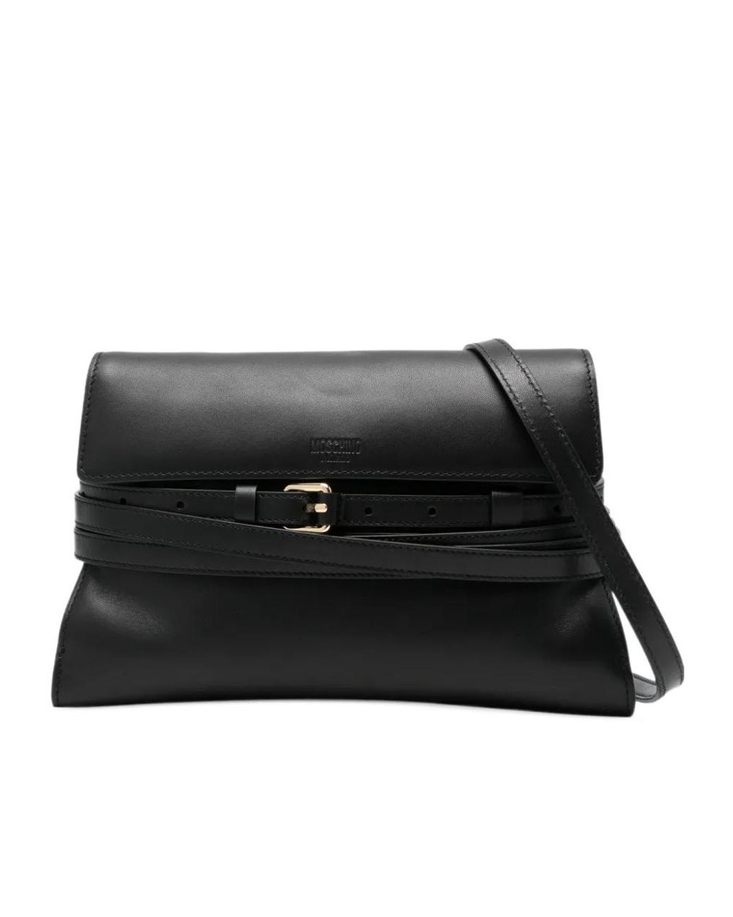Moschino Black Logo Embossed Buckled Shoulder Bag