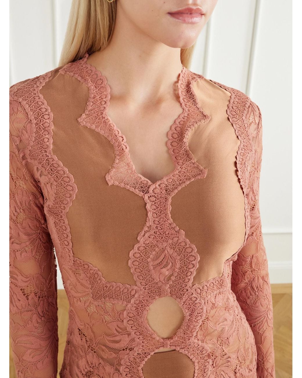 Rabanne Pink Lace-Trimmed Stretch-Satin Blouse