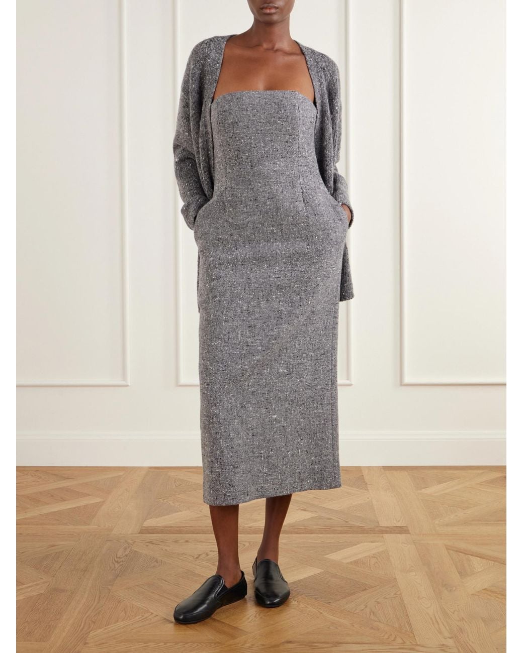 Auralee Gray Strapless Wool-Tweed Midi Dress