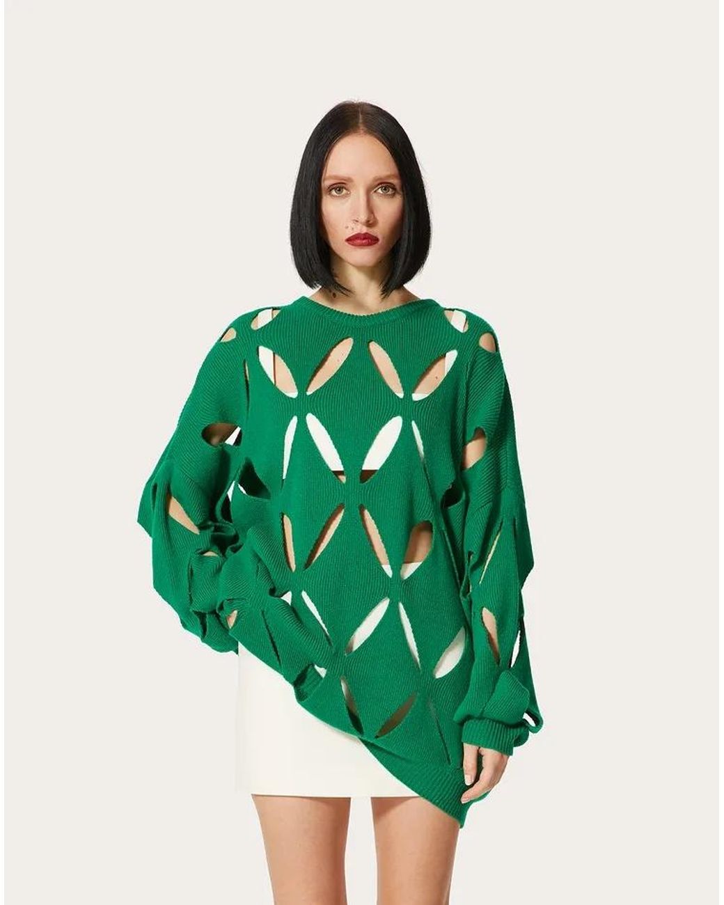Valentino Green Hollowed-Out Diamond Embroidered Knitted Pullover