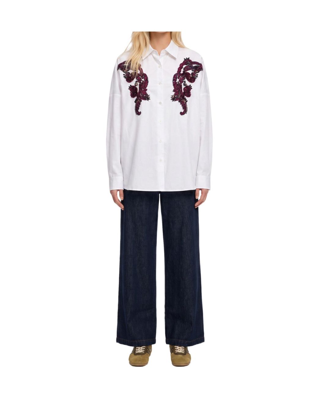 Dries Van Noten White Embroidered Long-Sleeved Shirt