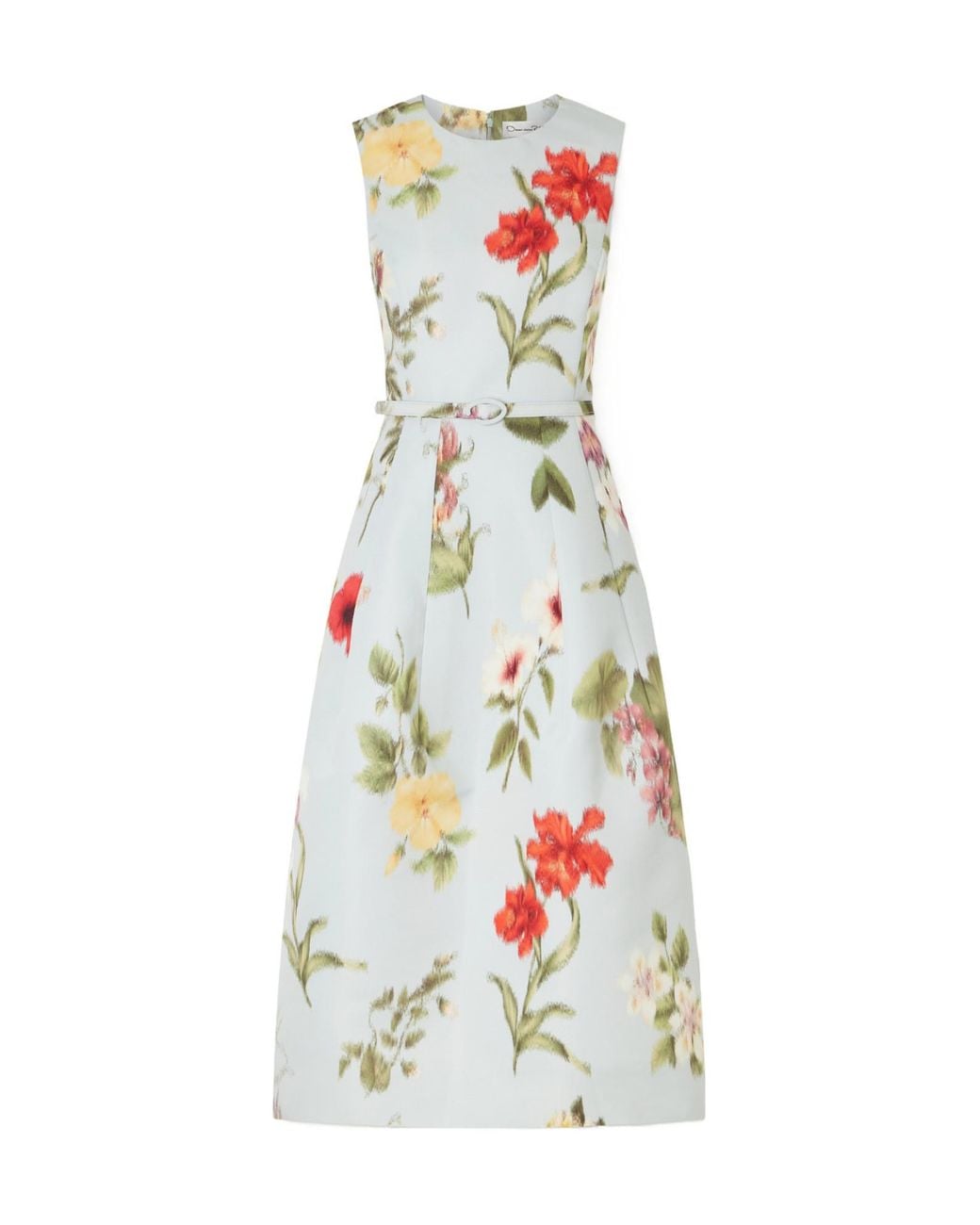 Oscar de la Renta White Belted Floral-Print Faille Midi Dress