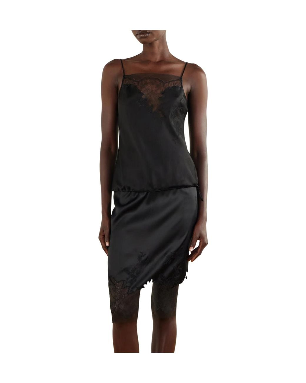 Carine Gilson Black Lace-Trimmed Silk-Satin Skirt