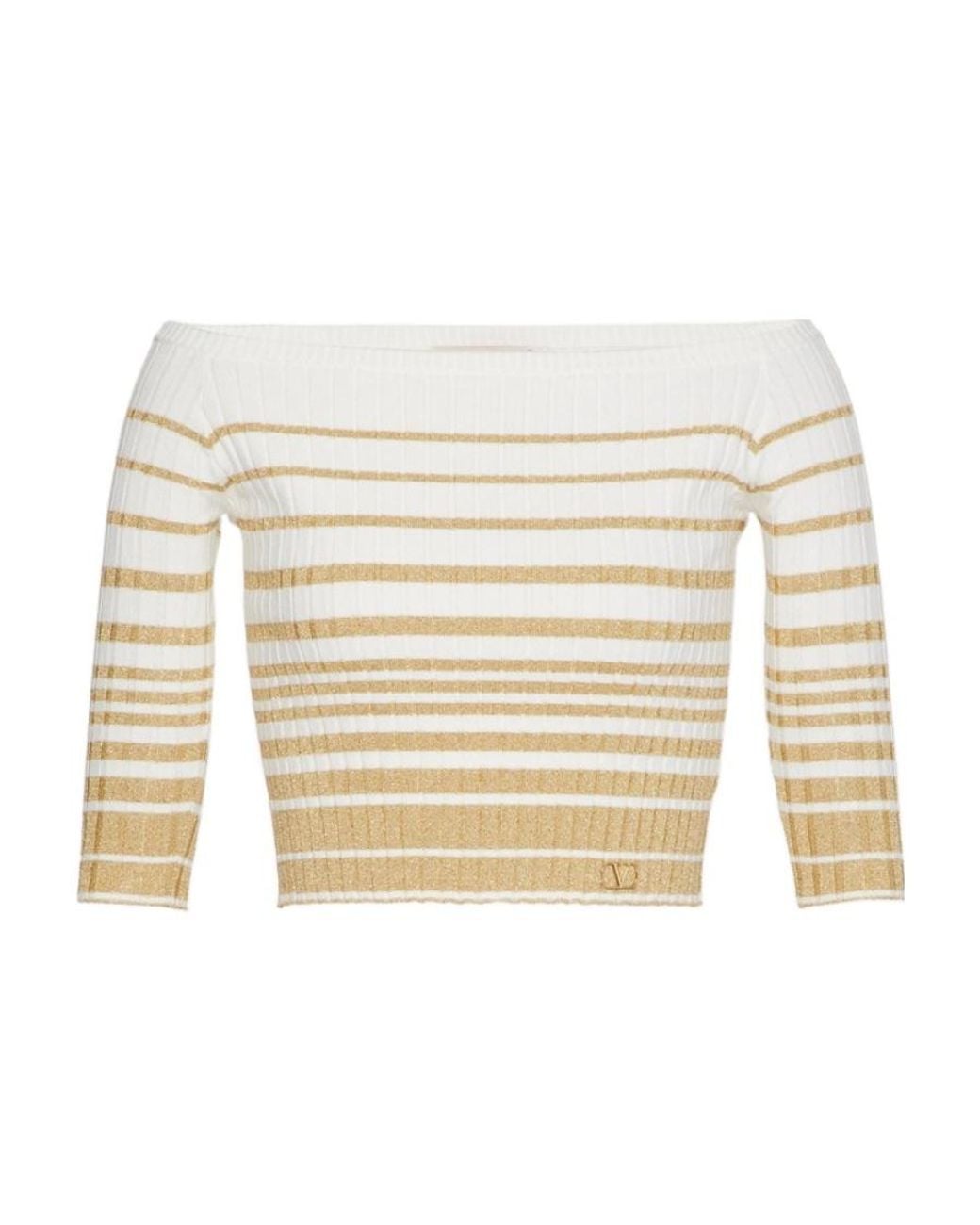 Valentino White Striped Off-Shoulder Cropped Top