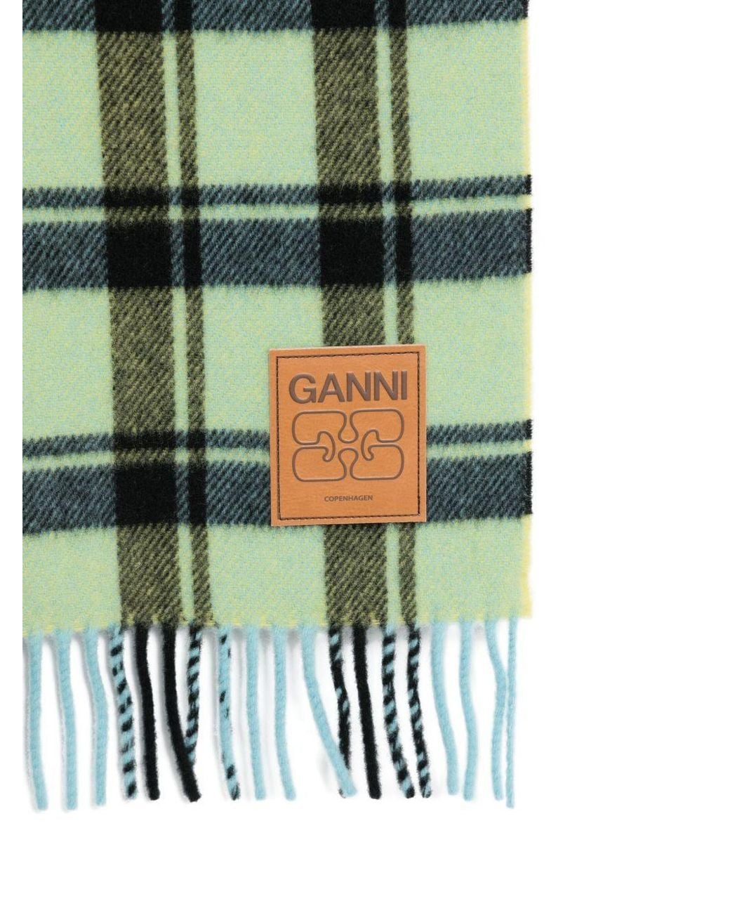 Ganni Green Logo Patch Checked Fringed Scarf