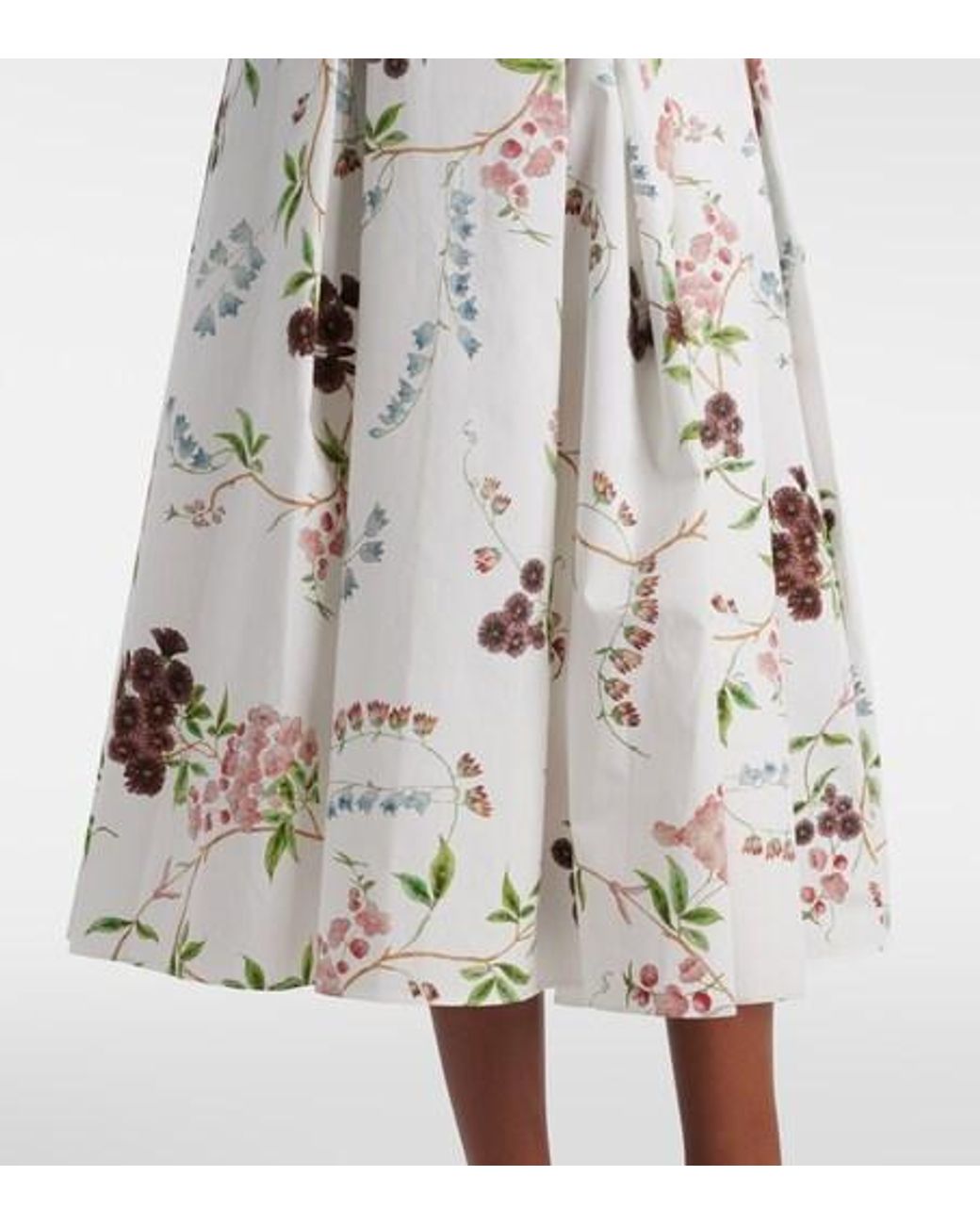 Erdem White Floral Pleated Cotton Poplin Midi Skirt