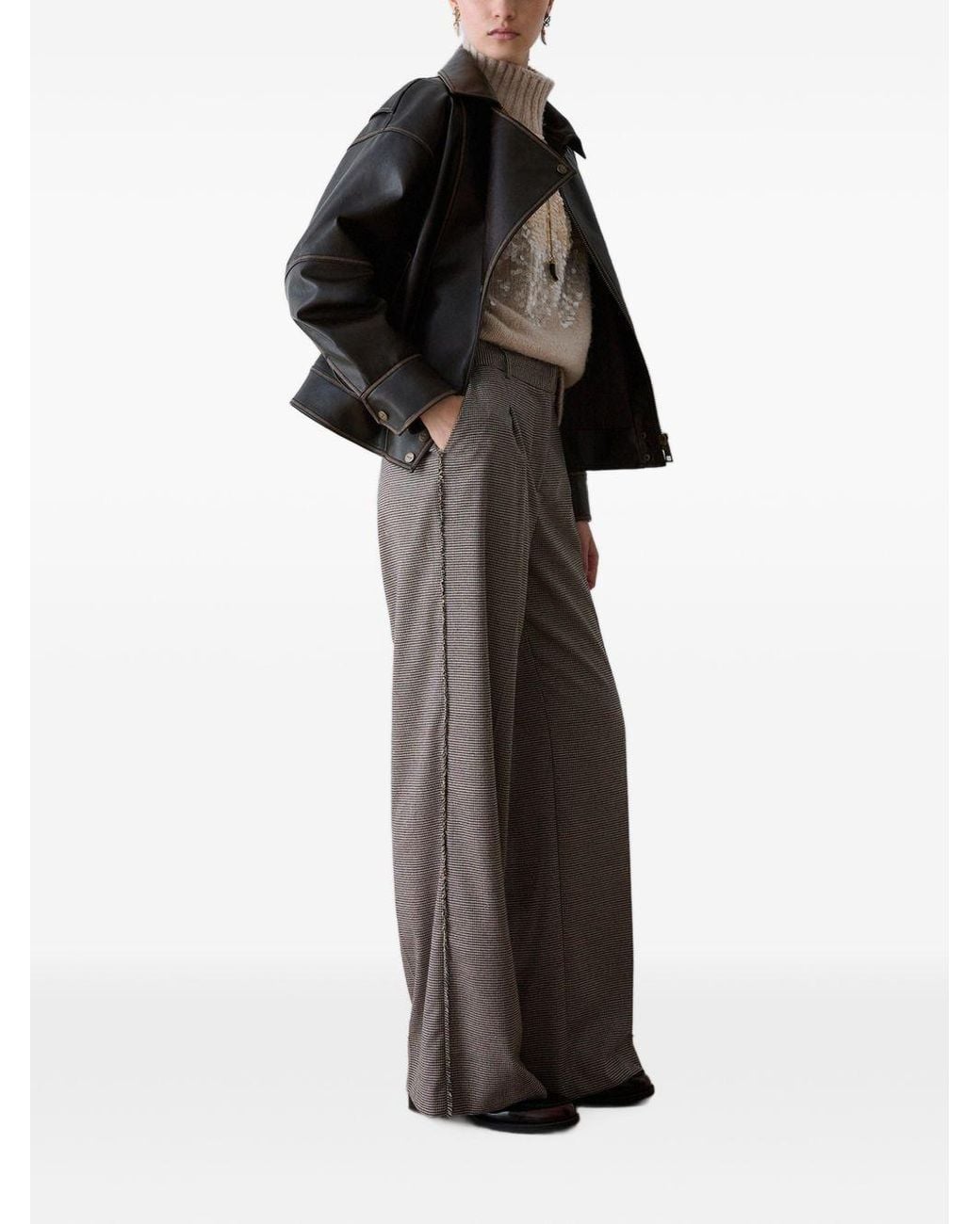 Liu Jo Gray Frayed Houndstooth Wide-Leg Pants