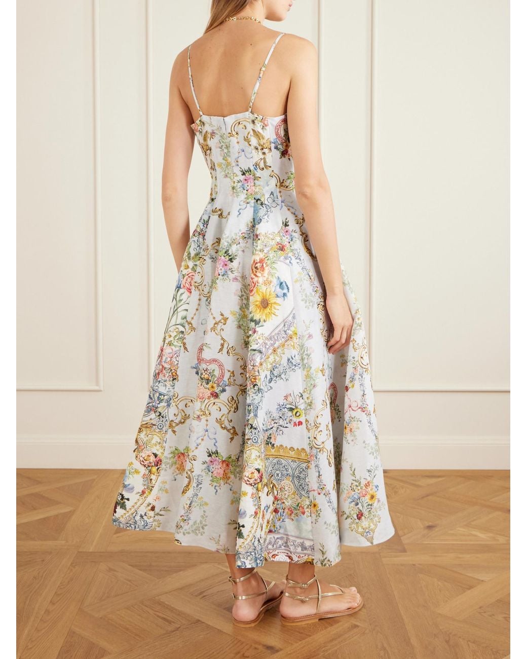 Camilla White Crystal-Embellished Printed Linen And Silk-Blend Midi Dress