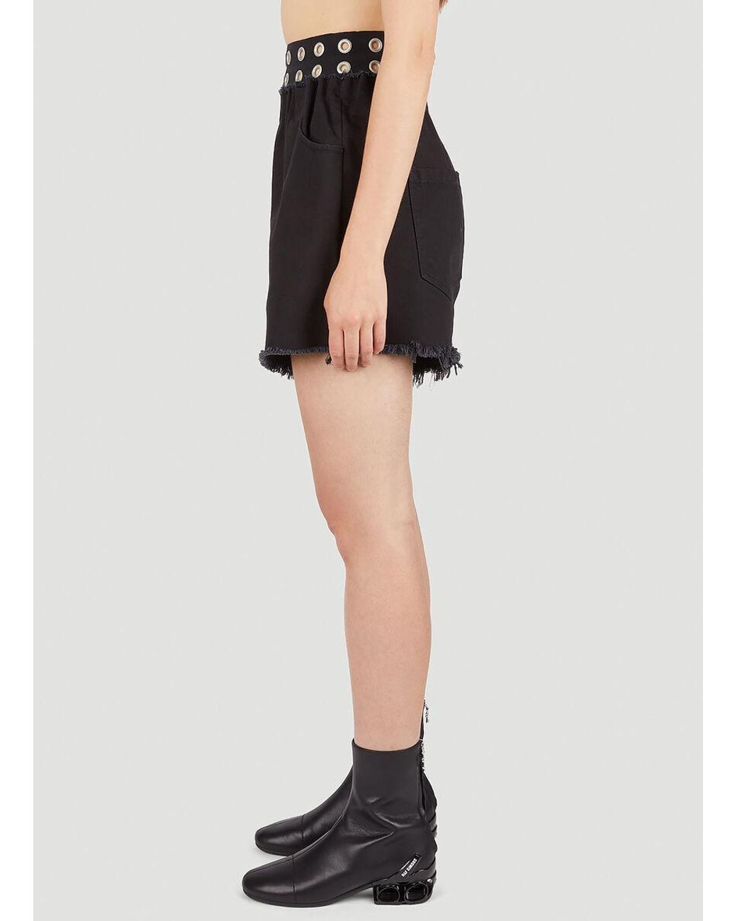 Raf Simons Black Eyelet Embellished Waist Frayed-Edege Shorts