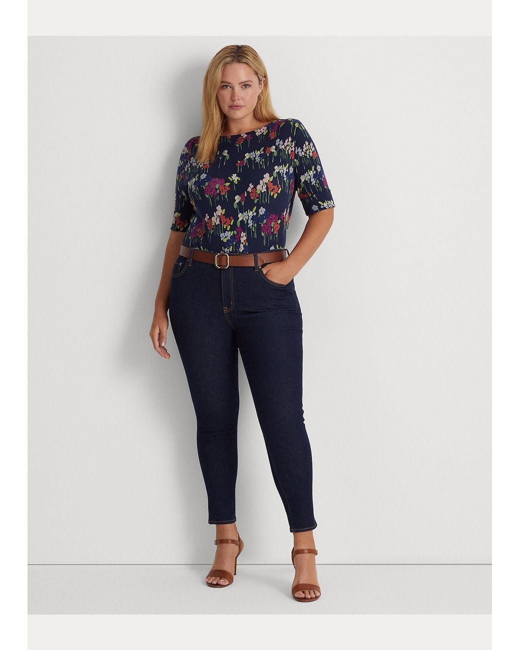 Ralph Lauren Blue Floral Boat-Neck Cotton T-Shirt