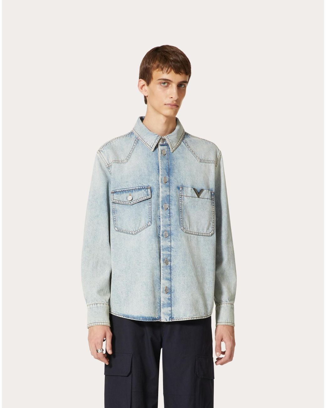 Valentino Blue Logo Plaque Long-Sleeved Denim Shirt for men