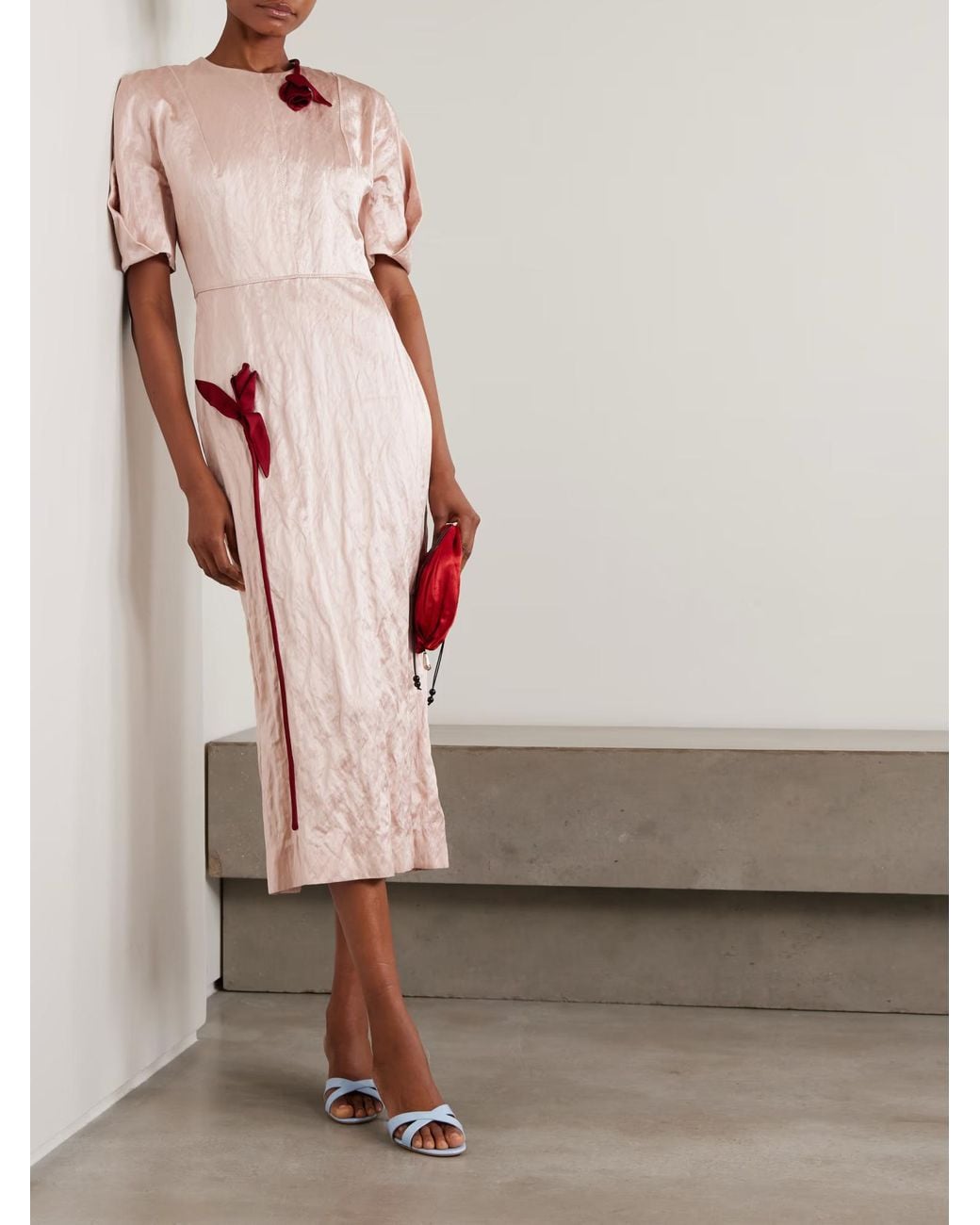 Erdem Pink Tulip Appliqué Crinkled Metallic Satin Gown