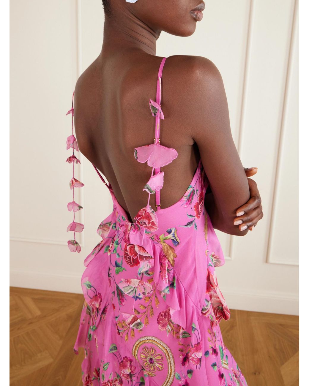 Camilla Pink Embellished Ruffled Silk-Georgette Maxi Dress