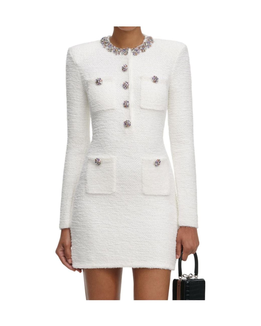 Self-Portrait White Trim Embellished Knit Mini Dress