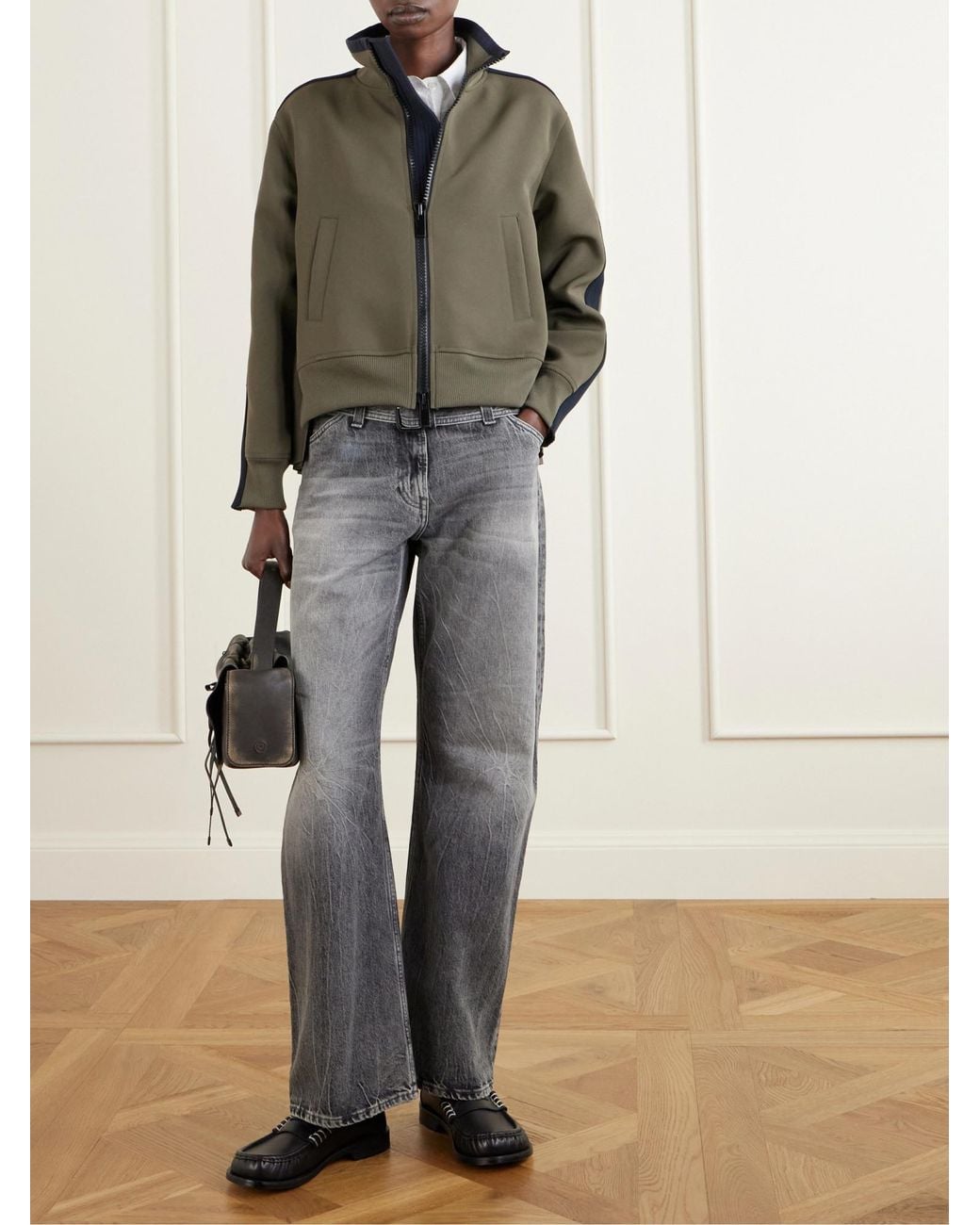 Sacai Green Pleated Tech-Jersey Blouson Jacket