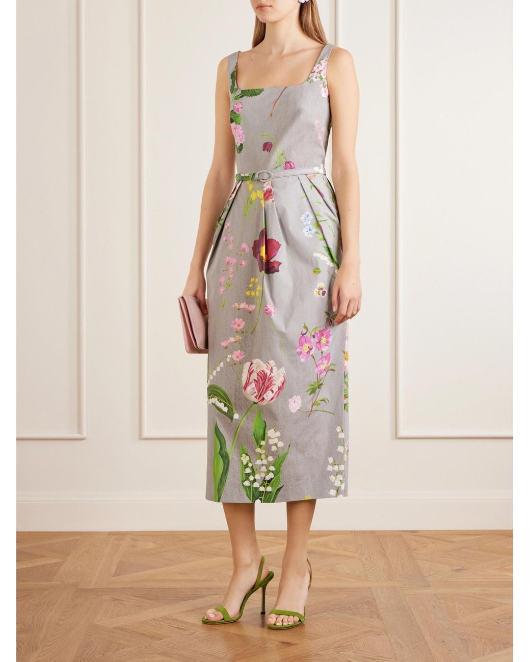 Oscar de la Renta White Floral-Printed Stretch Cotton-Poplin Midi-Dress