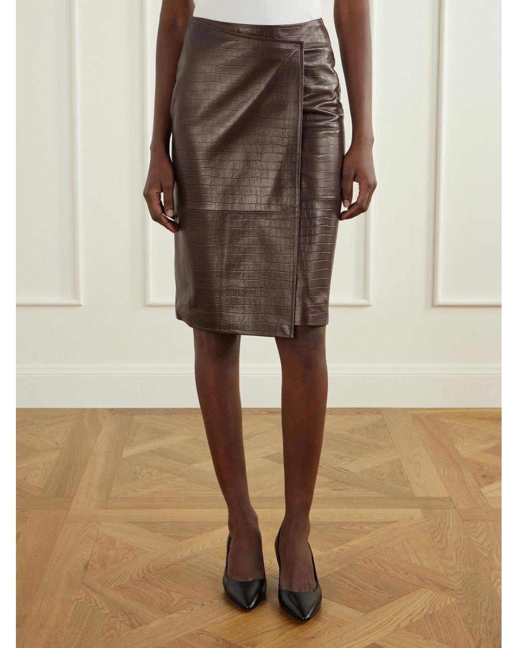 Nour Hammour Brown Leather Midi Wrap Skirt
